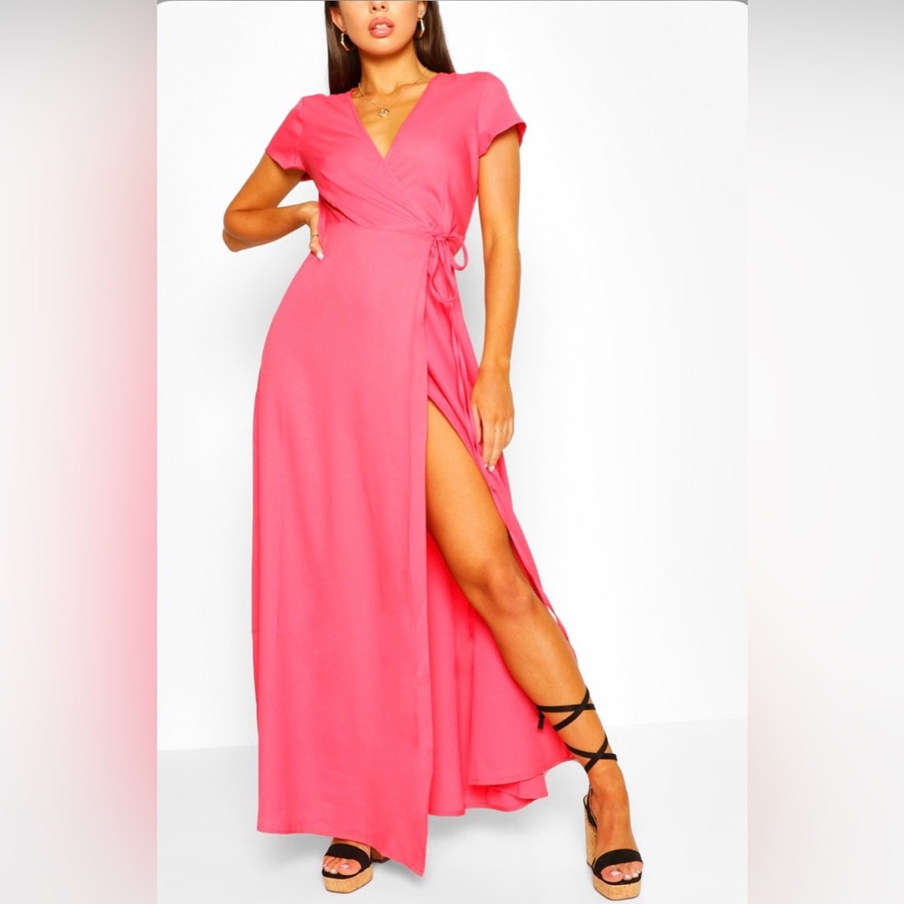 Coral Boohoo Plunge Front Tie Wrap Maxi Dress - Also available in Black